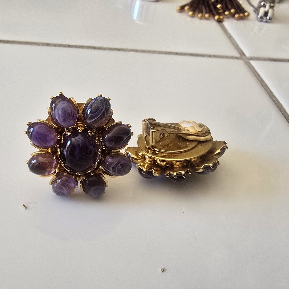 Elegant Gold and Purple Floral Clip-On Earrings